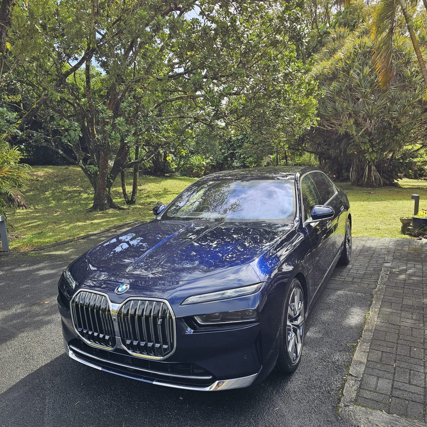 BMW 7 Series (G70) dark blue — executive detail